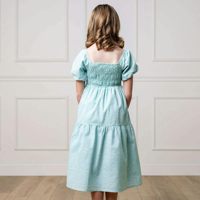 Linen Smocked Short Bubble Sleeve Dress, Blue