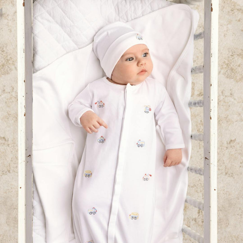 Vehicle Embroidered Cotton Gown w/Hat White
