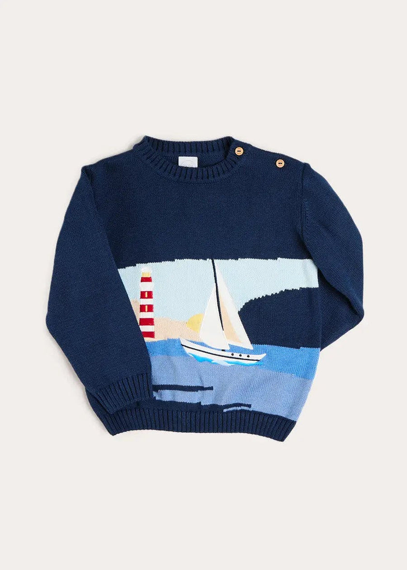 Seaside Postcard Knitted Jumper in Navy (18mths-6yrs)