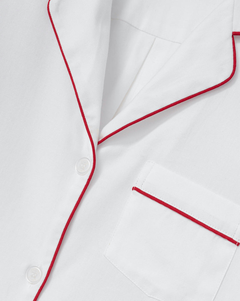 Women's Twill Pajama Set in White with Red Piping