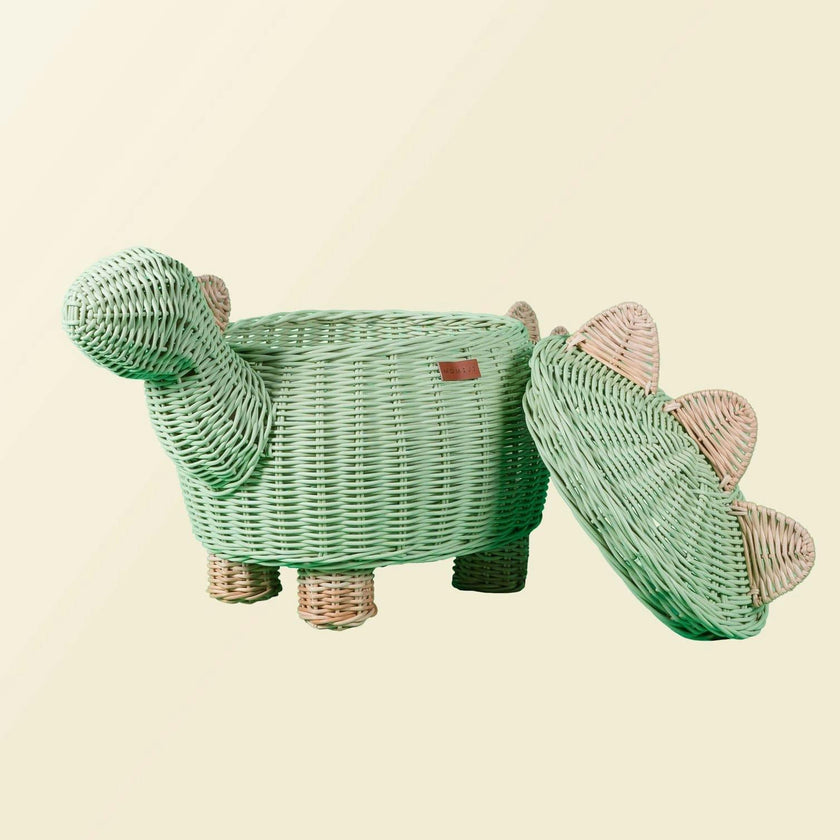 Handcrafted- Dinosaur Storage Basket Mint Green (Large) - Rattan Wicker