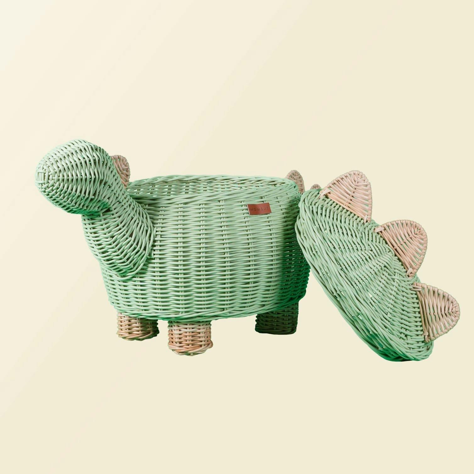 Handcrafted- Dinosaur Storage Basket Mint Green (Large) - Rattan Wicker