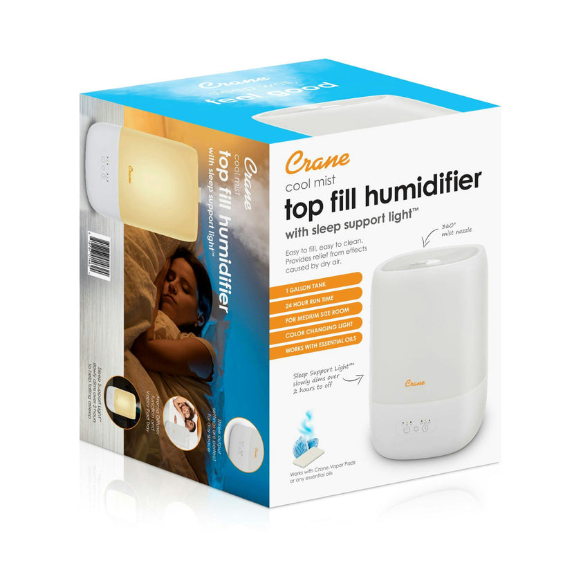 Top Fill Cool Mist Humidifier, 1 Gallon with Sleep Support Light & Essential Oil Tray