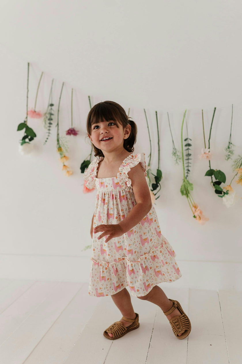 Girls Drop-Waist Peplum Dress in Llamas