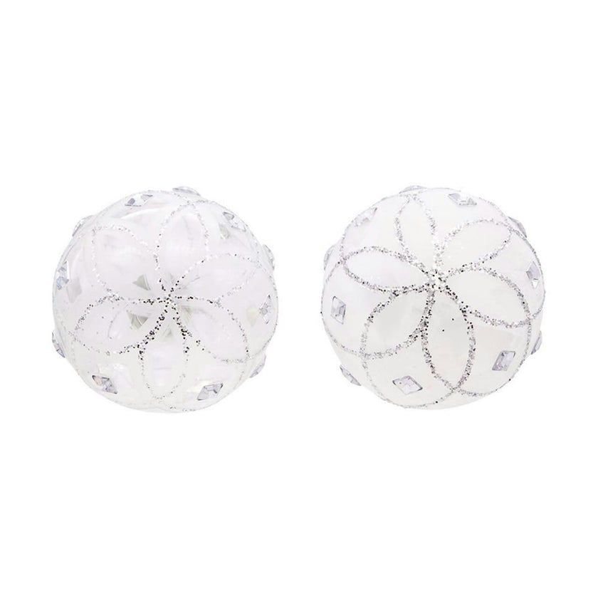 Kurt Adler 80MM Jeweled Clear Feather White Ball Ornaments, 6 Piece Set