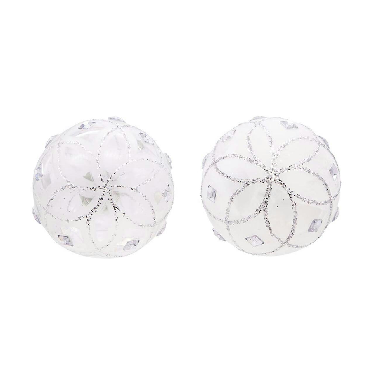 Kurt Adler 80MM Jeweled Clear Feather White Ball Ornaments, 6 Piece Set