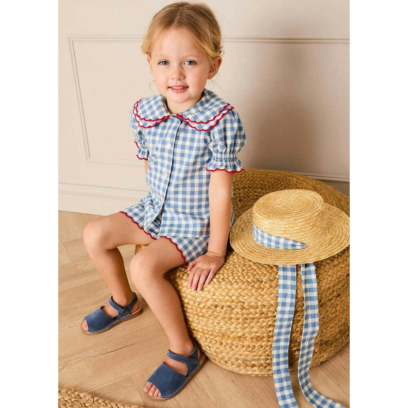 Darby Gingham Straw Boater Hat in Blue (M-L)