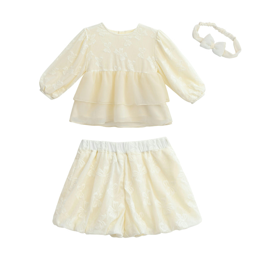Cream Embroidered Ruffle Outfit with Bow Headband