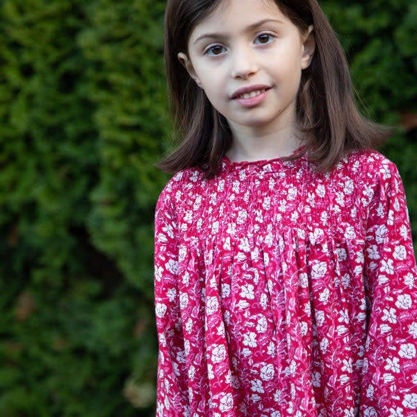 Girls Floral Print Smocked Long Sleeve Dress