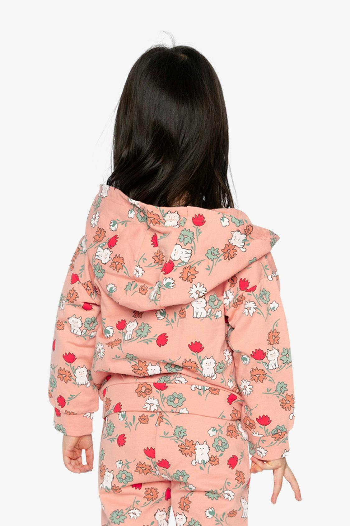 French Terry Hooded Cardigan Pink Cat Print