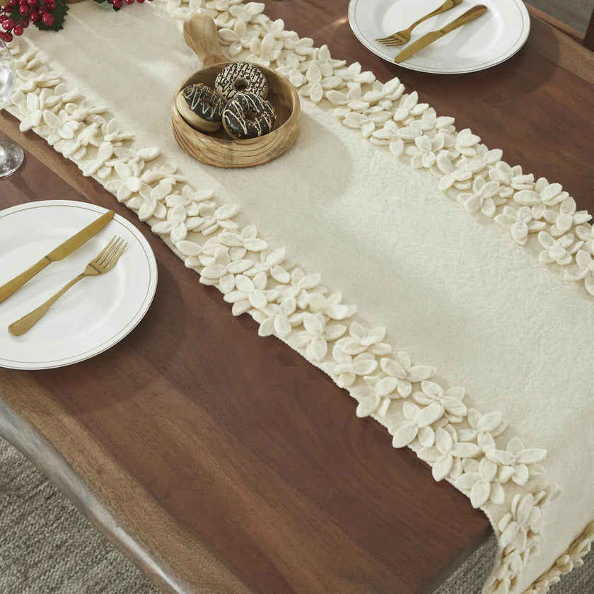 Hand Felted Wool Floral Border Table Runner Cream, 16" x 90"