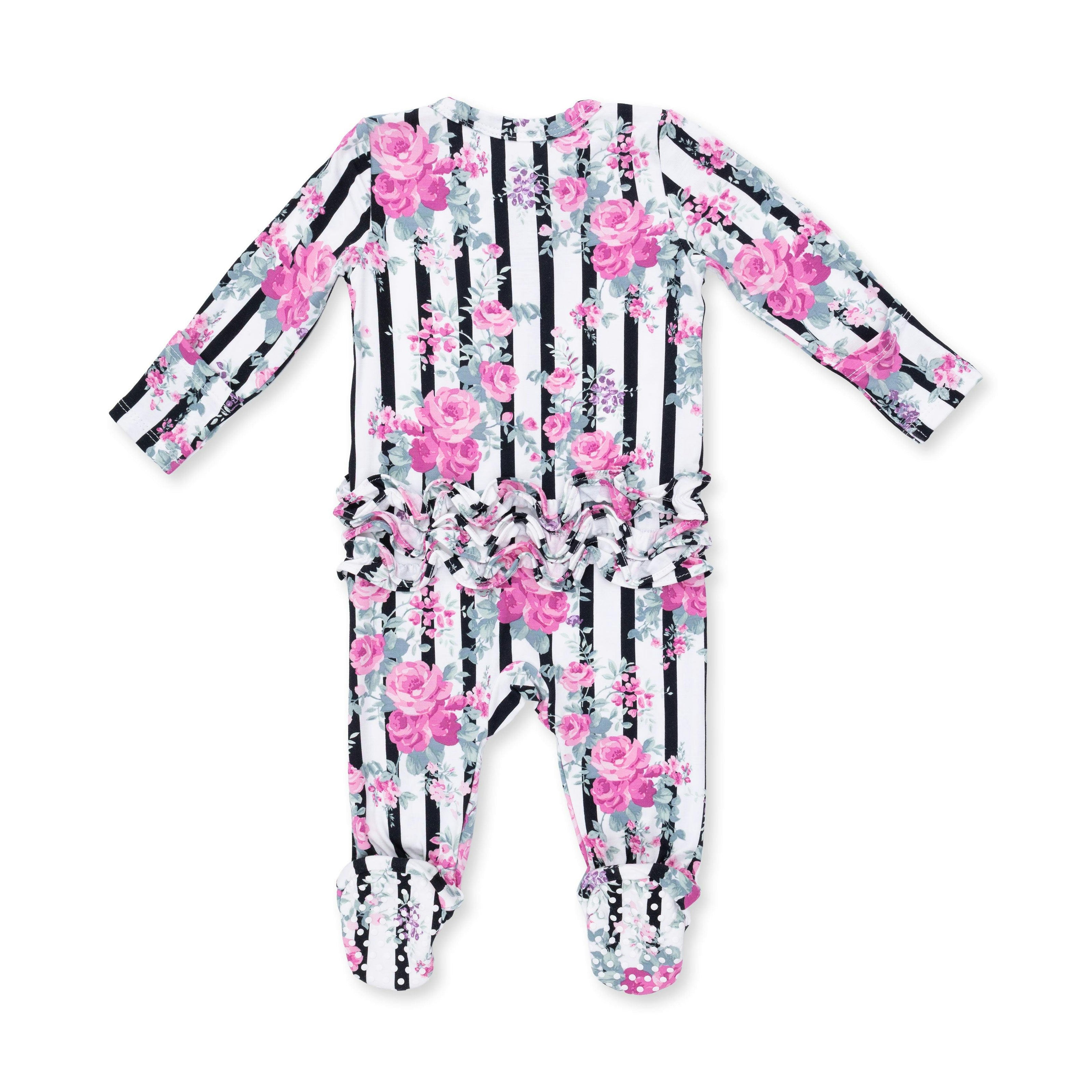 Cabbage Rose Stripe - 2 Way Ruffle Back Zipper Footie