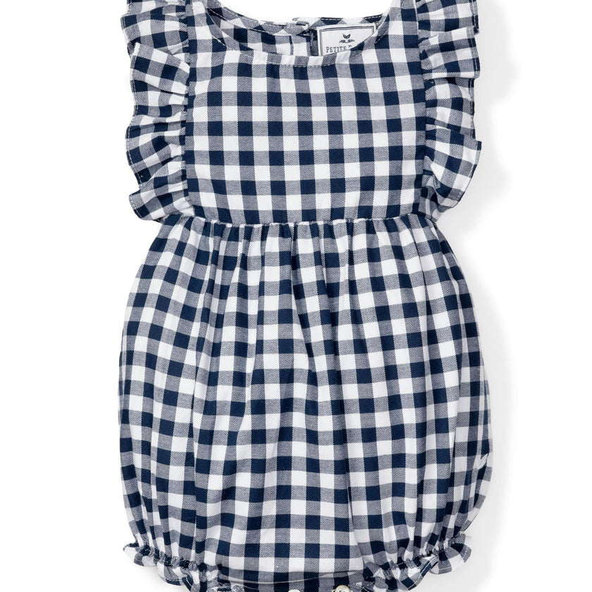 Baby's Twill Ruffled Romper in Navy Gingham