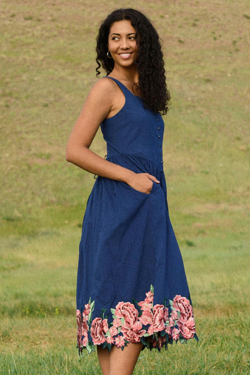 Clarissa Dress in Midnight with Red Flowers