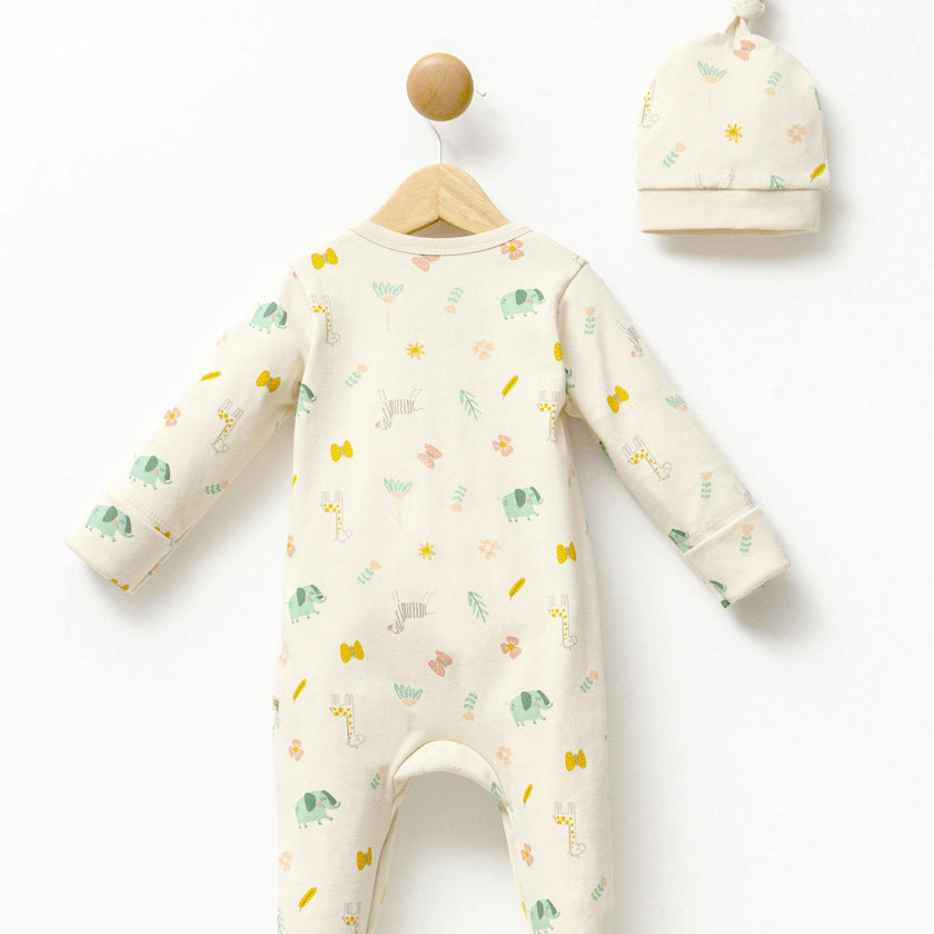 Cream Animal Print Babygrow & Hat