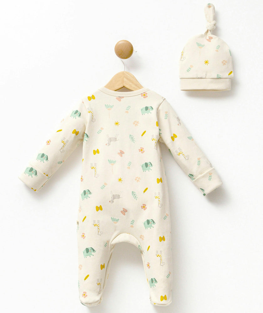 Cream Animal Print Babygrow & Hat