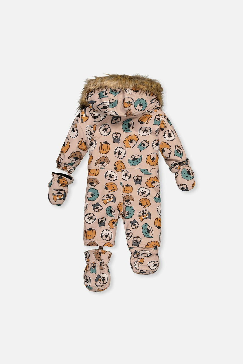 Baby One Piece Snowsuit Adapted For Car Seats Beige Dog Print