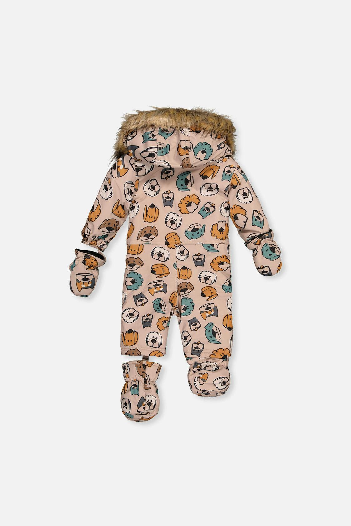 Baby One Piece Snowsuit Adapted For Car Seats Beige Dog Print