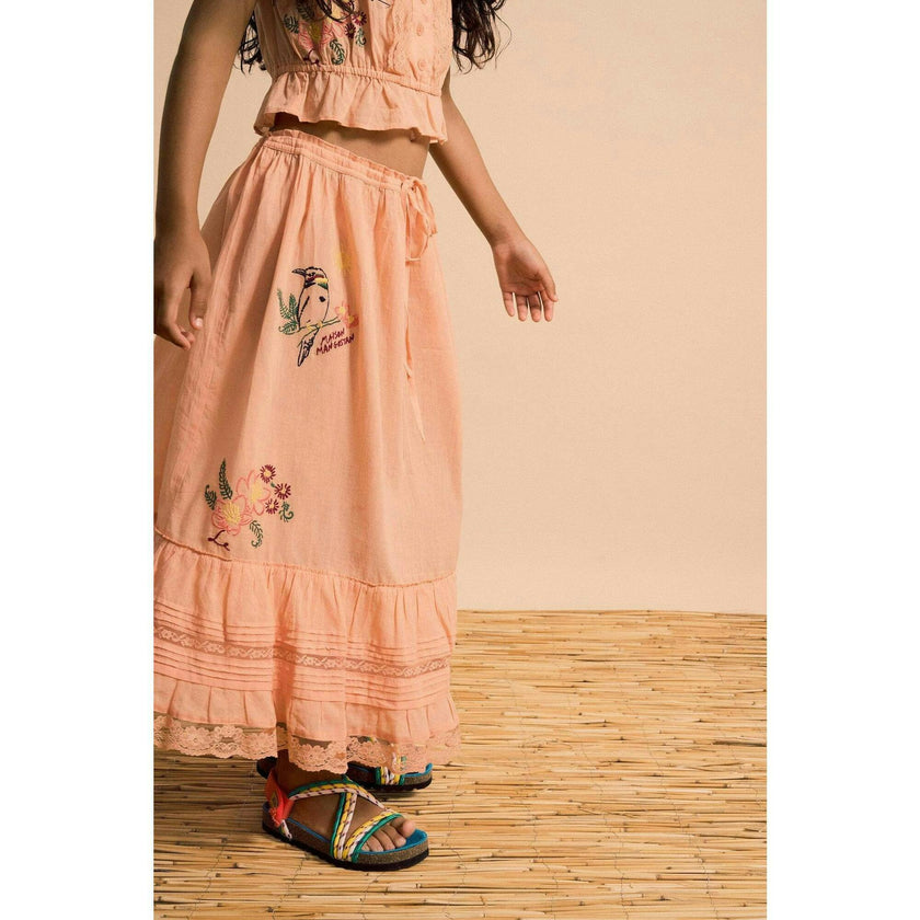 BIRDS EMBROIDERED SKIRT PEACH