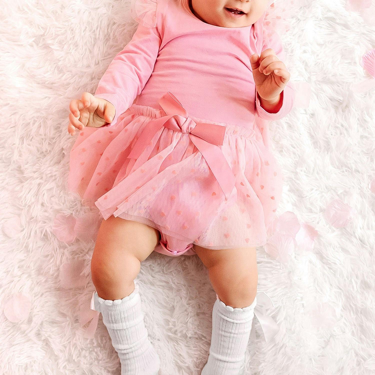 Flocked Heart Tiered Long Sleeve Tutu Bodysuit