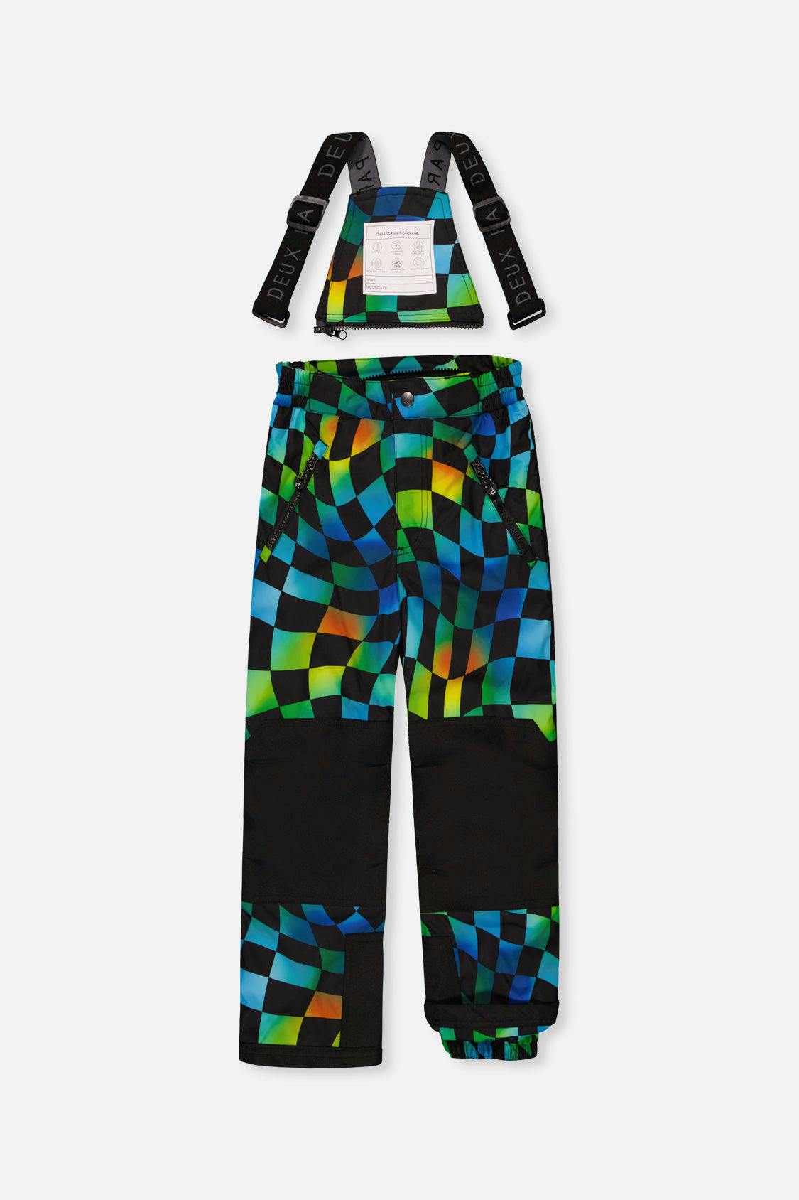 Two Piece Play Snowsuit Black Colorblock With Green Yellow And Blue Checkerboard Pants