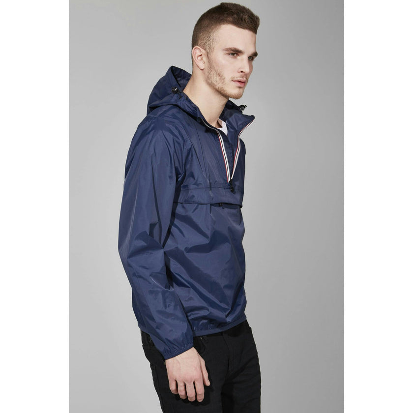 Navy full zip packable rain jacket and windbreaker