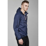 Navy full zip packable rain jacket and windbreaker