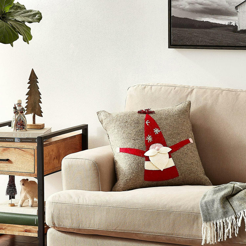 Hand Felted Wool Pillow - Gnome Red Sequin Hat - 20"