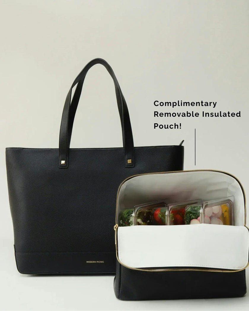 Vegan Leather Work Tote Bag with Removable Insulated Pouch, Black