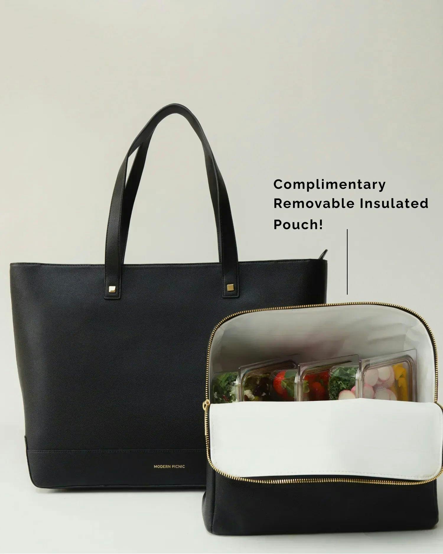Vegan Leather Work Tote Bag with Removable Insulated Pouch, Black