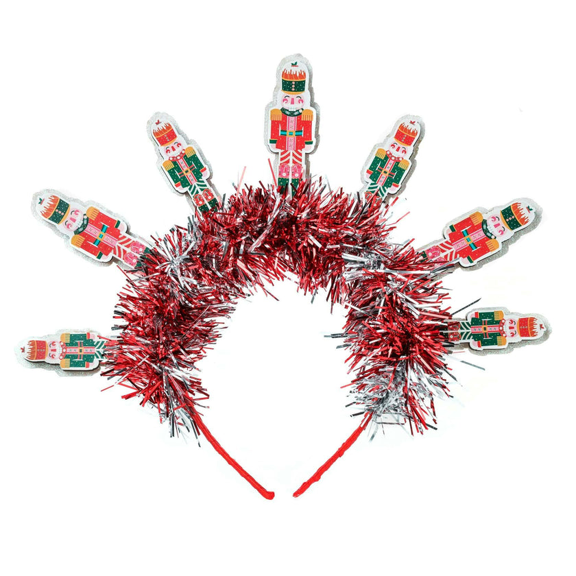 Packed Party Nutcracker Novelty Holiday Headband - Red Tinsel Headband with Mini Nutcrackers for Christmas Parties and Holiday Celebrations, One Size Fits All