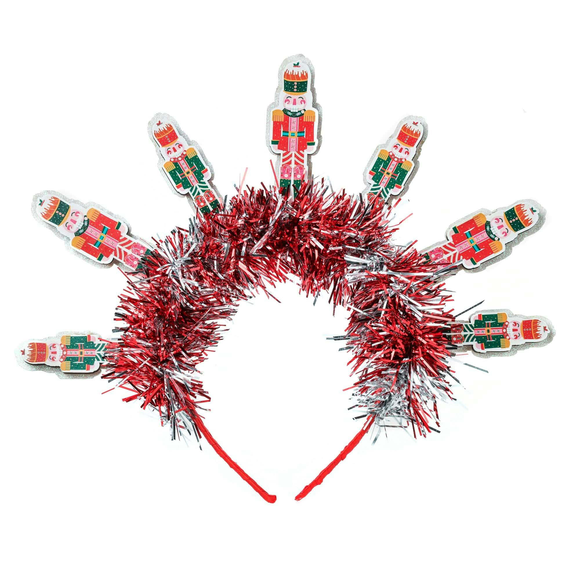 Packed Party Nutcracker Novelty Holiday Headband - Red Tinsel Headband with Mini Nutcrackers for Christmas Parties and Holiday Celebrations, One Size Fits All