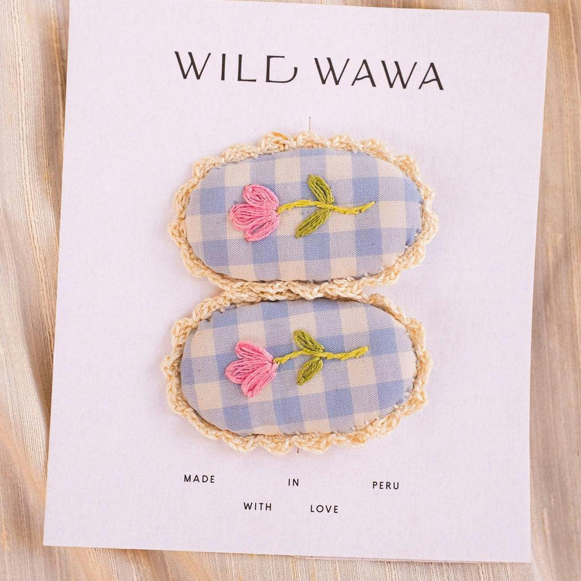 Crochet Clip Set in Blue Gingham