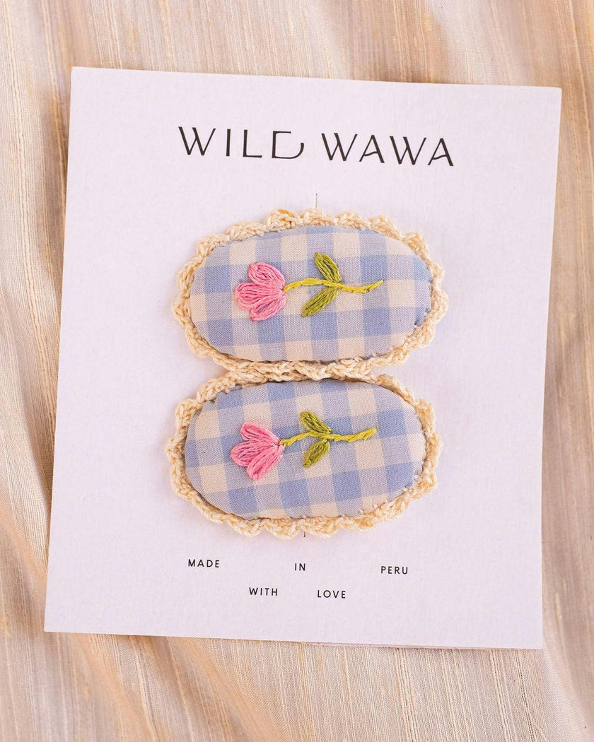 Crochet Clip Set in Blue Gingham