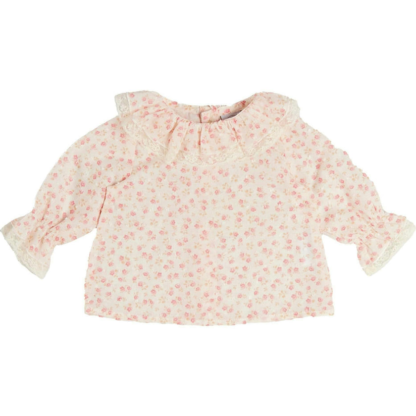 Martha Floral Ruffle Collar Lace Trim Long Sleeve Blouse in Pink (1mth-12mths)