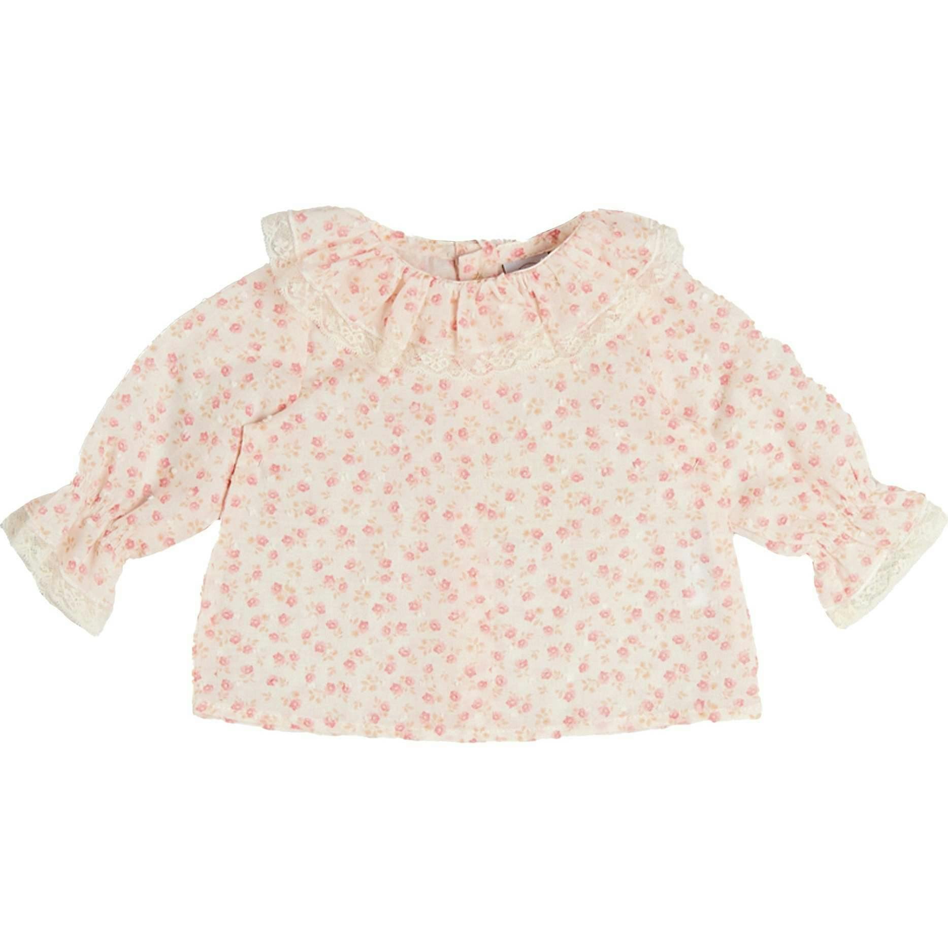Martha Floral Ruffle Collar Lace Trim Long Sleeve Blouse in Pink (1mth-12mths)