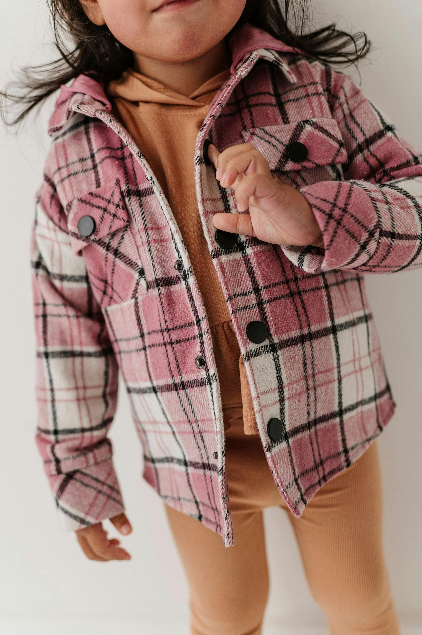 Kids Hooded Shacket in Magenta Plaid