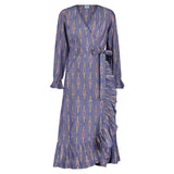Genevieve Womens Ruffle Wrap Dress Chambray Ikat, blue