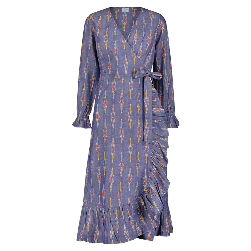 Genevieve Womens Ruffle Wrap Dress Chambray Ikat, blue