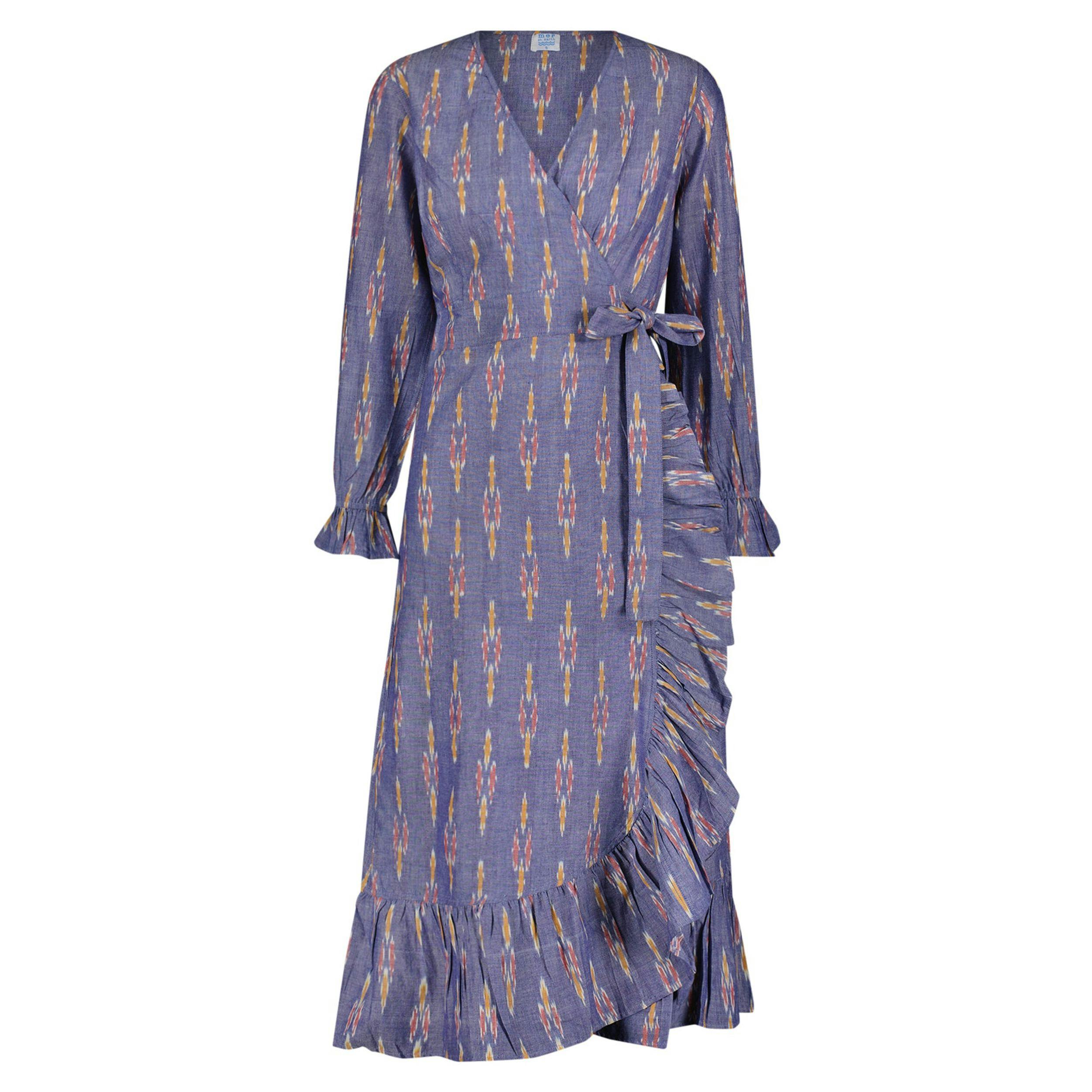 Genevieve Womens Ruffle Wrap Dress Chambray Ikat, blue