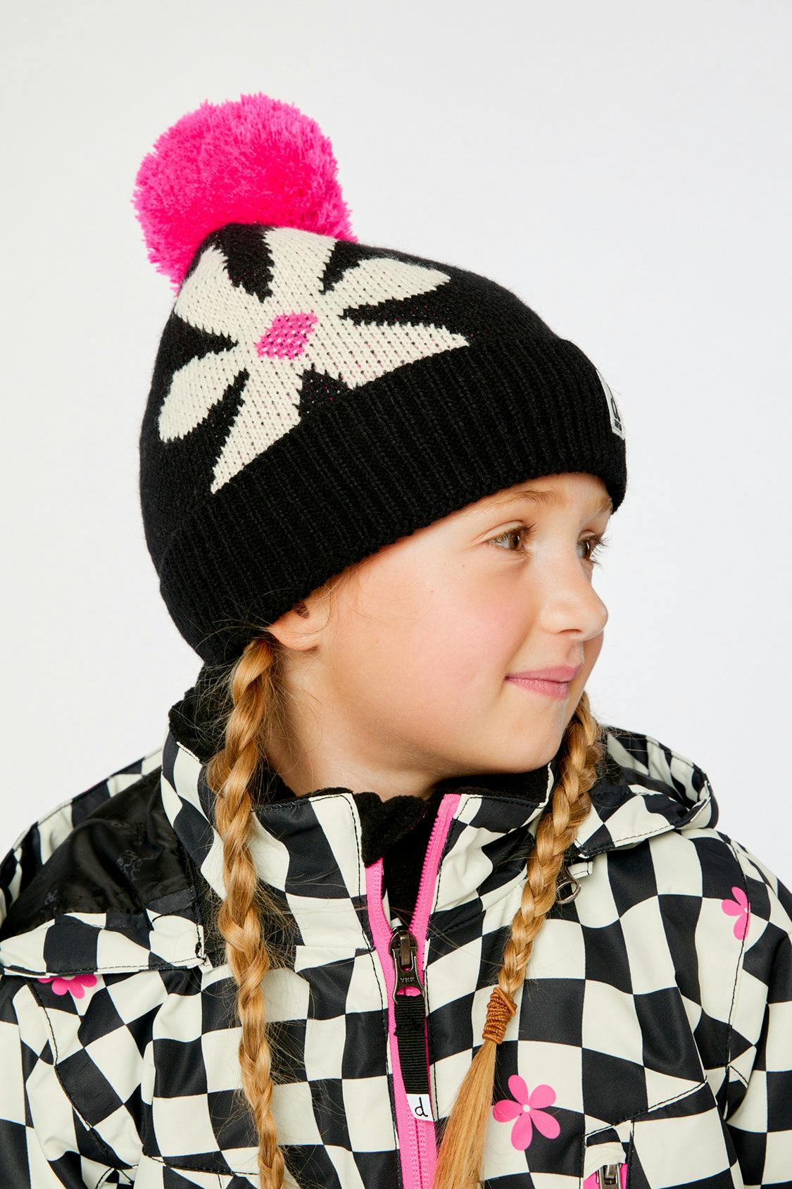 Winter Knit Hat with Pompom Black, White and Pink