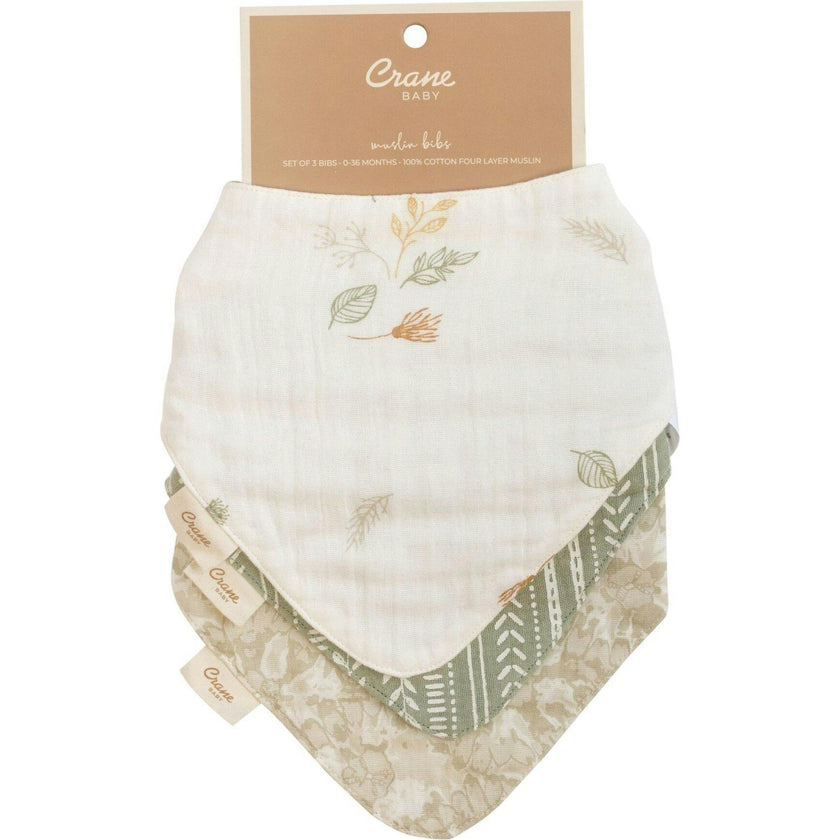 Willow 3-pc Muslin Baby. Bib Set (Neutral Leaf)