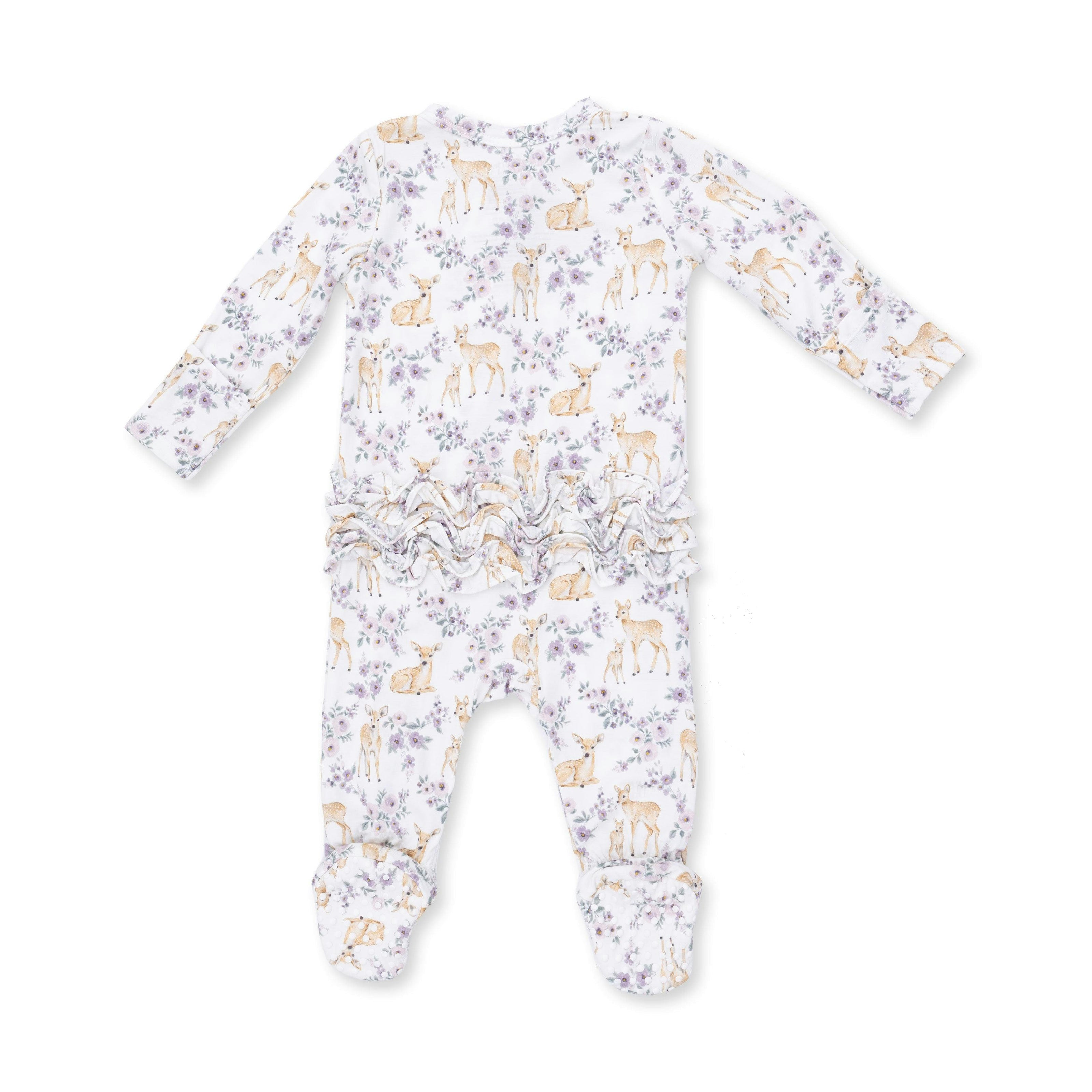 Floral Deer - 2 Way Ruffle Back Zipper Footie