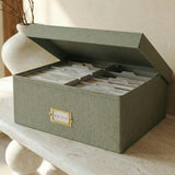 Decorative Photo Storage Box - Sturdy Linen Photo Organizer with Dividers - Stores Up to 850 4x6 Photos - Portable Scrapbook Storage Container with Lid