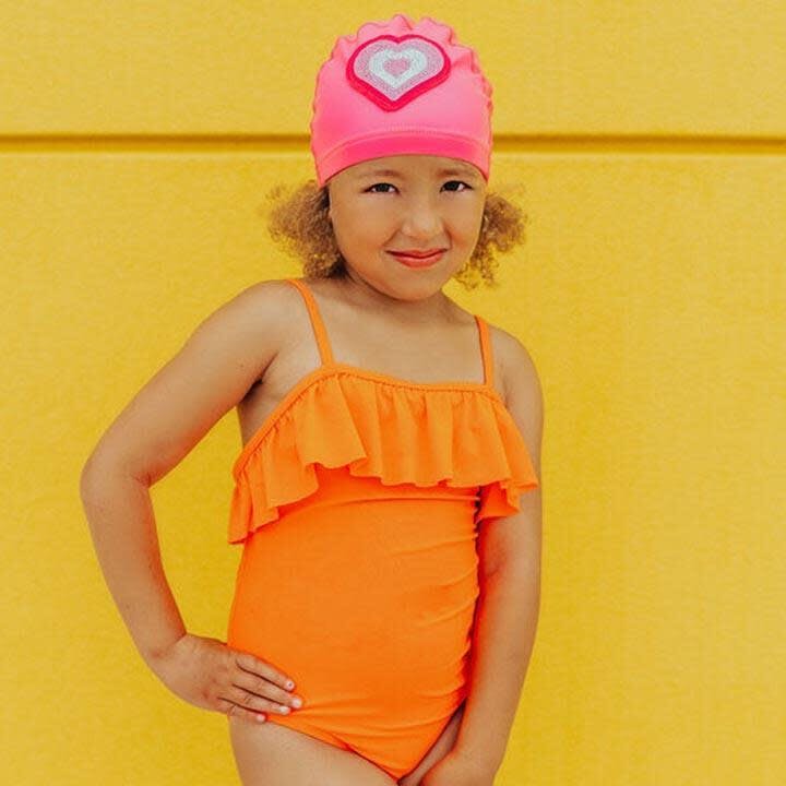 Neon Pink Heart Swim Cap