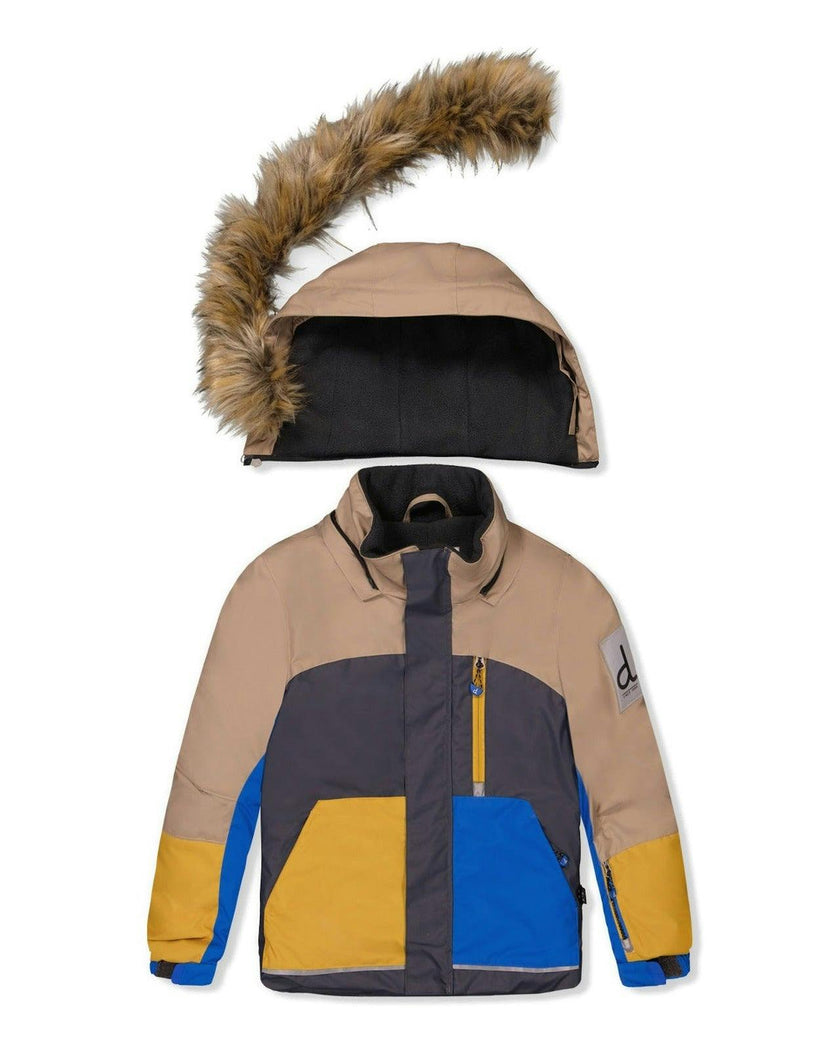 Two Piece Play Snowsuit Colorblock with Grey and Blue Dinosaur Print Pants