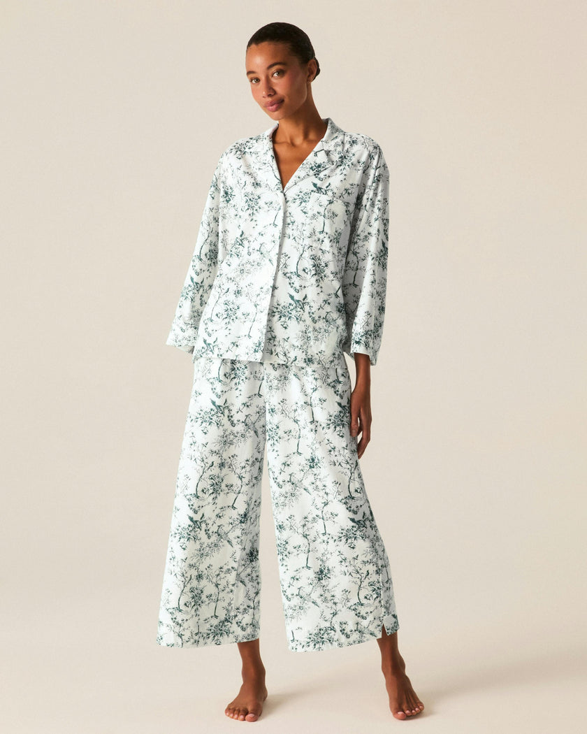 The Olivia Wide Leg Pima Pajama Set in Evergreen Timeless Toile