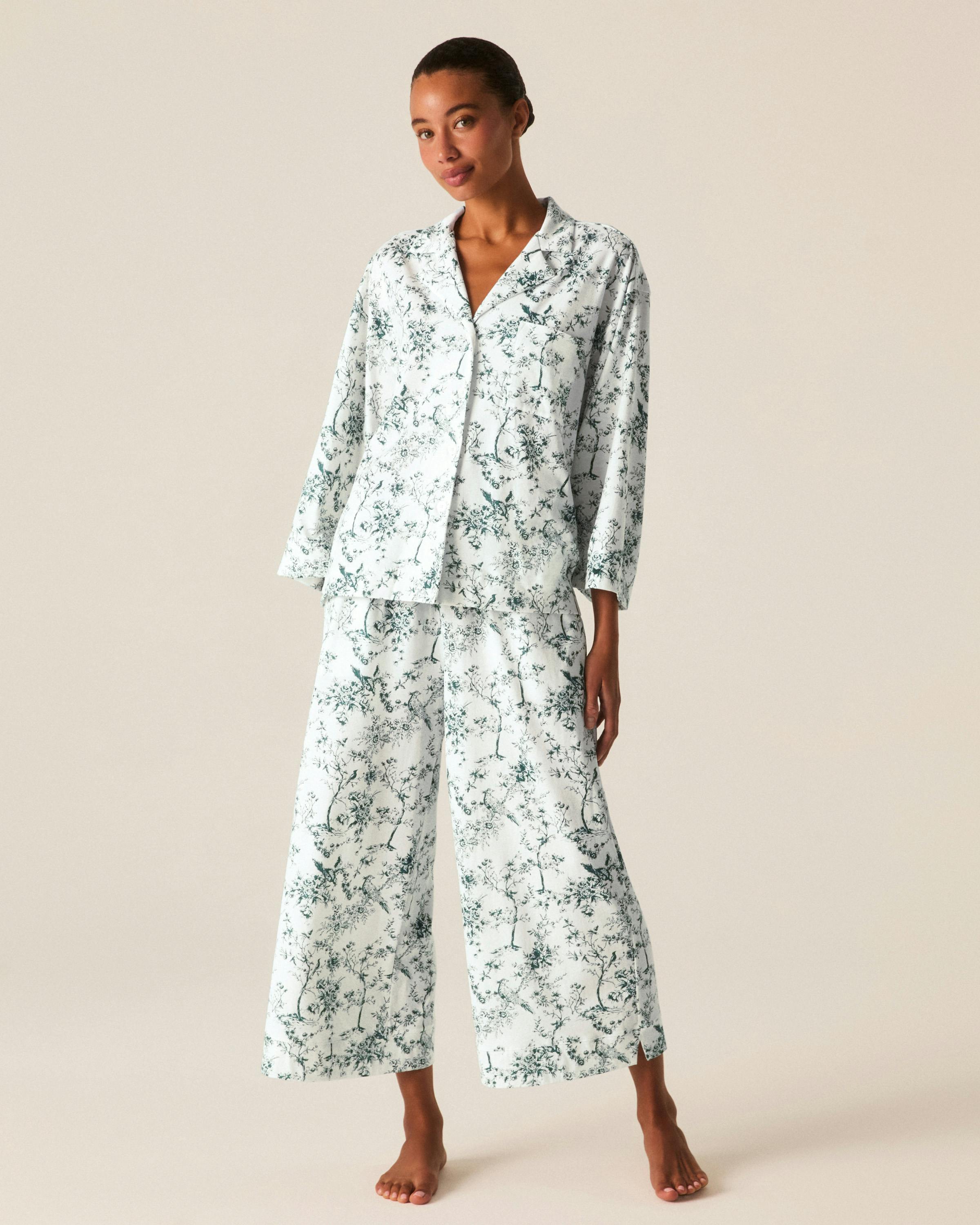 The Olivia Wide Leg Pima Pajama Set in Evergreen Timeless Toile
