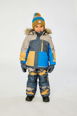 Two Piece Play Snowsuit Colorblock with Grey and Blue Dinosaur Print Pants