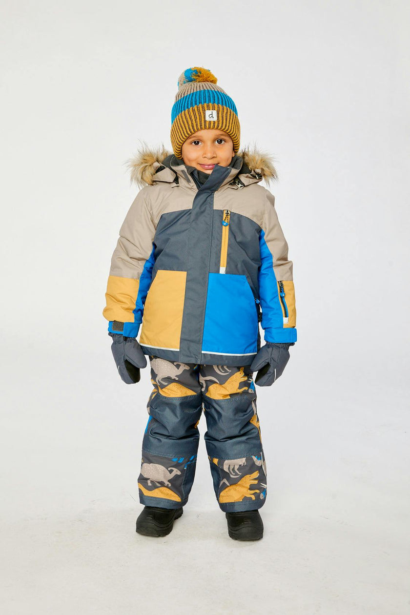 Two Piece Play Snowsuit Colorblock with Grey and Blue Dinosaur Print Pants